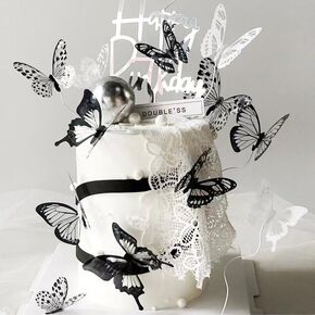12-Pieces 3D Butterfly Cake Topper white & black Butterfly Cupcake Topper for Girls Women's Happy Birthday Cake Wedding Party Decorations, Silver,white,black in Saudi Arabia