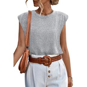 SOFIA'S CHOICE Women's Casual Shoulder Pad Tops Loose Round Neck Sleeveless Tank Top Shirt