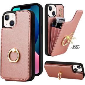 TopPerfekt Compatible with iPhone 13 Wallet Case with Card Holder, 360° Rotation Finger Ring Holder Kickstand Protective RFID Blocking PU Leather Double Buttons Flip Cover 6.1" Black