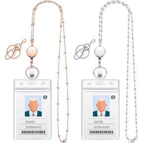 Blulu 2 Styles Sets Women Beaded Lanyard with ID Holder Retractable Badge Reel Stainless Steel Chain Necklace with 2 Water Resistant Name Badge Holder Clip(Silver)