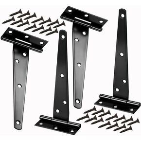 4 Pack10 Inch T-Strap Heavy Duty Shed Door Hinges Gate Strap Hinges Black Tee Hinge Wrought Hardware for Wood Shed Barn Door Fence Gate Swing Yard Door