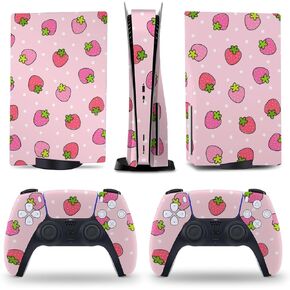 Cute Strawberry 5 Skin Console and Controller Accessories Cover Skins Anime Vinyl Cover Sticker Full Set for 5 Disc Edition