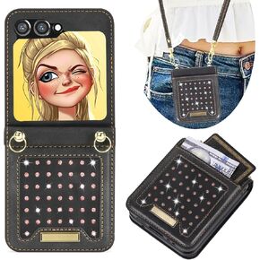 حافظة CCSmall لهاتف Samsung Galaxy Z Flip5 Crossbody للنساء، حافظة هاتف من جلد البولي يوريثان اللامع اللامع مع غطاء حامل بطاقات RFID لهاتف Samsung Galaxy Z Flip 5 SZ أسود