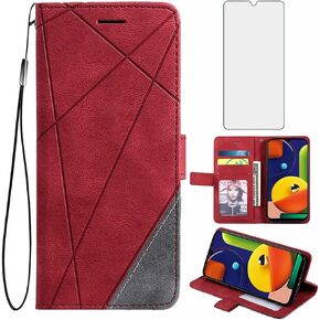 Compatible with Samsung Galaxy A50 A50S A30S Wallet Case and Tempered Glass Screen Protector Flip Cover Card Holder Stand Cell Phone Cases for Glaxay A 50 50S 30S Gaxaly S50 50A SM A505G Women Blue