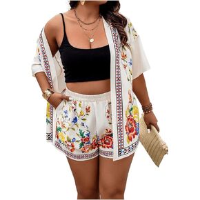 SOLY HUX Women's Plus Size Floral Boho Short Sleeve Kimono Open Front Outwear and Shorts 2 Piece Summer Outfit