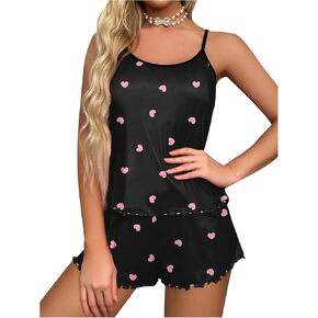 SOLY HUX Women's Heart Print Pajama Set Lettuce Trim Cami Top and Shorts Sleepwear Loungewear