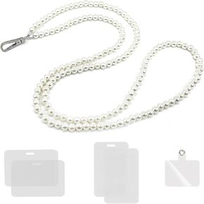 Pearl Lanyards for ID Badges with 4 Pcs ID Badge Holder for Women Artificial Pearl Key Lanyard ID Lanyard Badge Holder Waterproof Ship Card Holders for Office School Travel