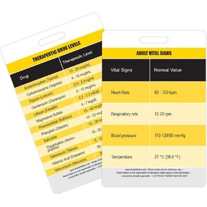 Normal Adult Vital Signs and Common Therapeutic Drug Levels Vertical Badge Card - Excellent Resource for Nurses, Nursing Clinicals, and RN Students - Great Nursing School Supplies and Accessories