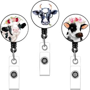 3 Pieces Cow Badge Reels Nurse Badge Reel Retractable Badge Holder Funny Cow Badge Reel Cute Nursing Name ID Badge Holders with Alligator Clip for Nurse Doctor Teacher Student
