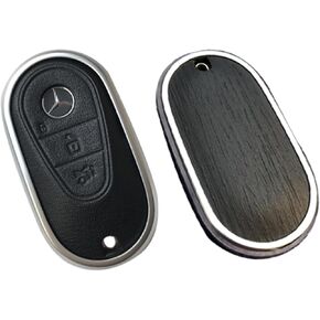 for Mercedes Benz Key case Key fob Cover Made of Real Wood Veneer Genuine Leather Key Fob Shell Gift Compatible C GLC E S ect 2022-2023-newer (Walnut, White Leather)