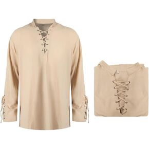 Men's Pirate Shirt Medieval Renaissance Viking Shirt Long Sleeved Lace up T-Shirt for Halloween Cosplay Party