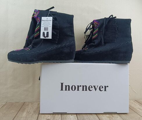 Inornever Knee High Boots for Women Moccasins Embroidered Fringe Booties Cowboy Winter Comfortable Warm Vintage Flat Heel Cowgirl Western Suede Long Snow Tassel Boots in Saudi Arabia