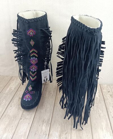 Inornever Knee High Boots for Women Moccasins Embroidered Fringe Booties Cowboy Winter Comfortable Warm Vintage Flat Heel Cowgirl Western Suede Long Snow Tassel Boots in Saudi Arabia