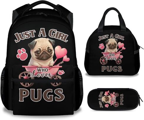 حقيبة ظهر Pug مع صندوق غداء، مجموعة من 3 حقائب ظهر مدرسية متطابقة للفتيات والأولاد، حقيبة كتب لطيفة خفيفة الوزن وحزمة مقلمة in Kuwait