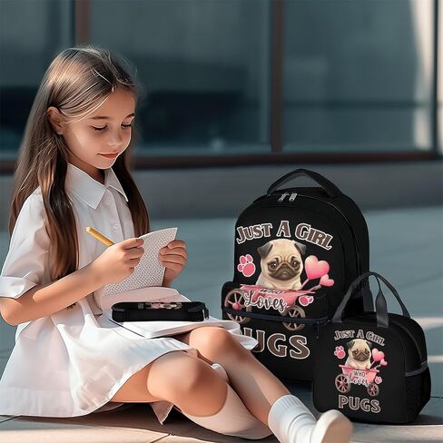 حقيبة ظهر Pug مع صندوق غداء، مجموعة من 3 حقائب ظهر مدرسية متطابقة للفتيات والأولاد، حقيبة كتب لطيفة خفيفة الوزن وحزمة مقلمة in Kuwait
