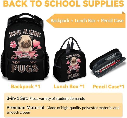 حقيبة ظهر Pug مع صندوق غداء، مجموعة من 3 حقائب ظهر مدرسية متطابقة للفتيات والأولاد، حقيبة كتب لطيفة خفيفة الوزن وحزمة مقلمة in Kuwait