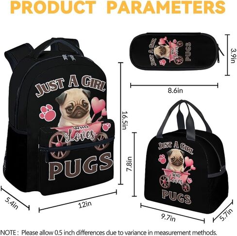 حقيبة ظهر Pug مع صندوق غداء، مجموعة من 3 حقائب ظهر مدرسية متطابقة للفتيات والأولاد، حقيبة كتب لطيفة خفيفة الوزن وحزمة مقلمة in Kuwait
