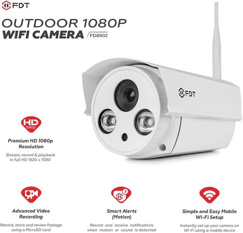 كاميرا FDT 1080P HD WiFi Bullet IP (2.0 ميجابيكسل) كاميرا أمان لاسلكية خارجية FD8902 (أبيض) - IP66 مقاومة للطقس، التوصيل والتشغيل والرؤية الليلية مع بطاقة SD سعة 16 جيجابايت (متجددة) in Saudi Arabia