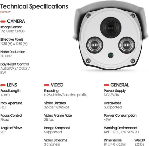 كاميرا FDT 1080P HD WiFi Bullet IP (2.0 ميجابيكسل) كاميرا أمان لاسلكية خارجية FD8902 (أبيض) - IP66 مقاومة للطقس، التوصيل والتشغيل والرؤية الليلية مع بطاقة SD سعة 16 جيجابايت (متجددة) in Saudi Arabia