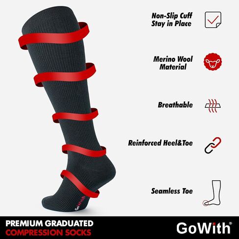 GoWith 1 Pair Unisex Merino Wool Graduated Compression Socks, 15-20 mmHg Thermal Travel Knee High Socks for Men & Women in Kuwait