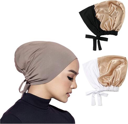2 Pieces Muslim Satin Lining Jersey Inner Hijab Cap for Women Underscarf with Tie Bonnet Turban Hat Headband in Saudi Arabia