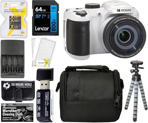 كاميرا Kodak PIXPRO White AZ255 16MP رقمية 25X زووم بصري 24 مم عدسة زاوية واسعة تثبيت الصورة البصرية 1080P Full HD Video 3 بوصة LCD كاميرا تسجيل فيديو + بطاقة 64 جيجابايت + حافظة + حامل ثلاثي + حزمة in Kuwait