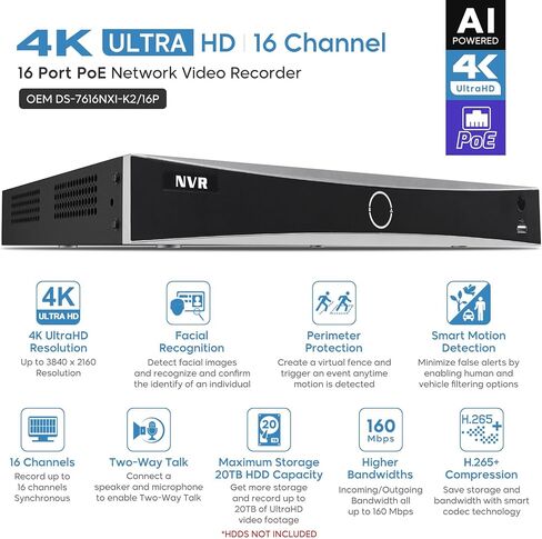 4K 16CH PoE NVR16 Channel NVR Compatible for HK/HITOSINO POE Cameras, Motion Detection 2.0, 24/7 Recording with iVMS4200, H265+, 2 SATA Up to 8TB(No HDD) in Saudi Arabia