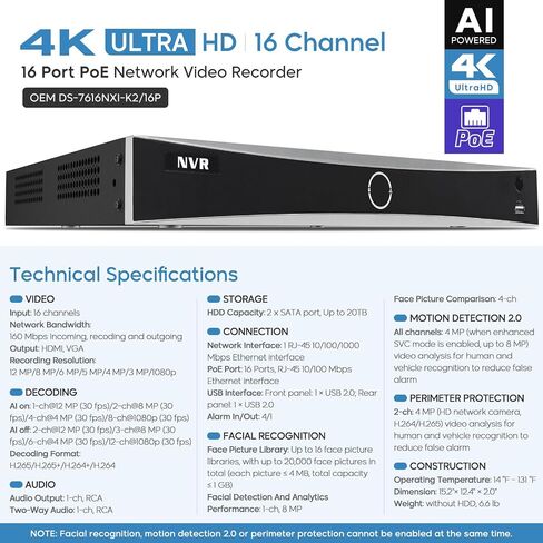 4K 16CH PoE NVR16 Channel NVR Compatible for HK/HITOSINO POE Cameras, Motion Detection 2.0, 24/7 Recording with iVMS4200, H265+, 2 SATA Up to 8TB(No HDD) in Saudi Arabia