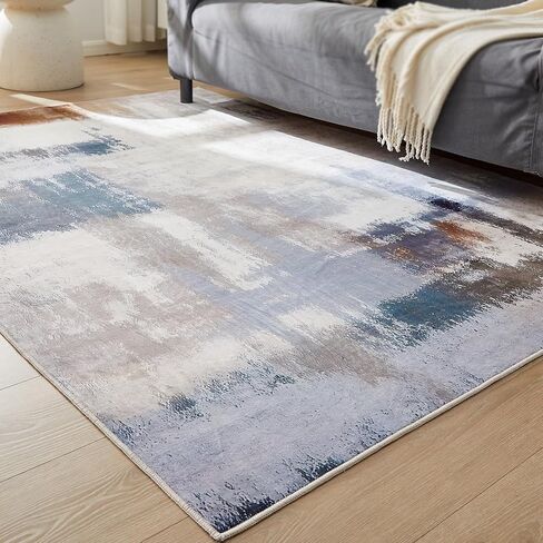 Modern Light Navy Blue Area Rug,Non Slip Colorful Big Large Carpets, Abstract Machine Washable 5x7 Rugs for Living Room and Bedroom, Soft Blue and White Rug for Dining Center in Saudi Arabia