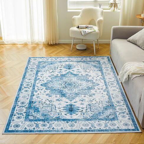 Modern Light Navy Blue Area Rug,Non Slip Colorful Big Large Carpets, Abstract Machine Washable 5x7 Rugs for Living Room and Bedroom, Soft Blue and White Rug for Dining Center in Saudi Arabia