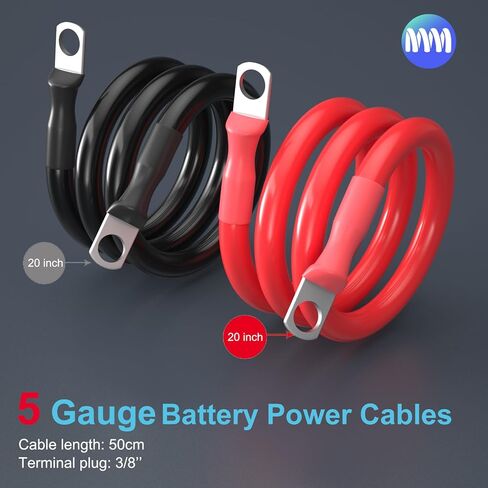 5 كابلات بطارية AWG، 2 حزمة 20 بوصة 5 كابلات عاكس طاقة بطارية نحاسية نقية مع 3/8 العروات النحاسية المعلبة كلا الطرفين، مجموعة أسلاك عاكس الطاقة للسيارات/الطاقة الشمسية/البحرية/القارب/السيارة RV/الدراجة النارية in Kuwait