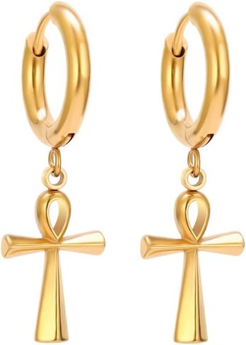 Ankh Cross Huggie Hoop Earrings Stainless Steel Dangling Drop Earrings for Men Women in Saudi Arabia