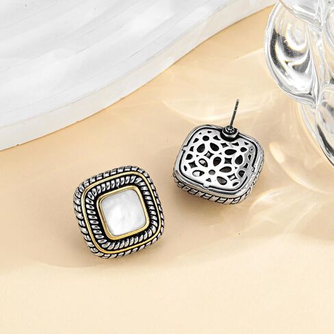 LILIE & WHITE أقراط فضية على شكل قذيفة مكعبة بلونين للنساء أقراط بوهيمية أقراط مضادة للحساسية أقراط عصرية أقراط هدية in Kuwait