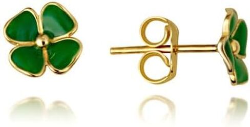 Green Enamel Lucky Four Leaf Clover Stud Earrings Real Solid 14K Yellow Gold in Saudi Arabia