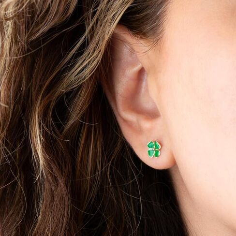 Green Enamel Lucky Four Leaf Clover Stud Earrings Real Solid 14K Yellow Gold in Saudi Arabia