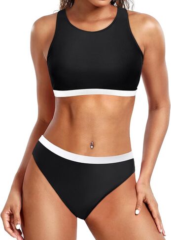 Yonique Sporty Bikini Athletic Bikini Swimsuit for Women Two Piece Bathing Suit for Teen Juniors High Neck Swimwear in Saudi Arabia