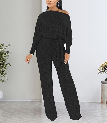 DinyIn Sexy Deep V Neck Long Wide Leg Pant for Women Casual Solid Jumpsuits Plus Size Romper with Belt in Kuwait