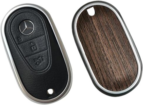 for Mercedes Benz Key case Key fob Cover Made of Real Wood Veneer Genuine Leather Key Fob Shell Gift Compatible C GLC E S ect 2022-2023-newer (Walnut, White Leather) in Saudi Arabia