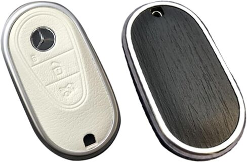 for Mercedes Benz Key case Key fob Cover Made of Real Wood Veneer Genuine Leather Key Fob Shell Gift Compatible C GLC E S ect 2022-2023-newer (Walnut, White Leather) in Saudi Arabia