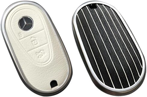 for Mercedes Benz Key case Key fob Cover Made of Real Wood Veneer Genuine Leather Key Fob Shell Gift Compatible C GLC E S ect 2022-2023-newer (Walnut, White Leather) in Saudi Arabia