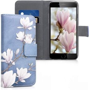 kwmobile Wallet Case Compatible with Samsung Galaxy J3 (2016) DUOS Case for Phone - Magnolias Taupe/White/Blue Grey