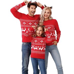 Family Matching Christmas Sweater Reindeer Snowflakes Knitted Ugly Crew Neck Pullover for Women/Men/Kids