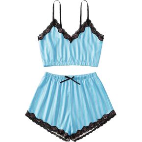 Floerns Women's Satin Lace Cami Top and Shorts Pajama Set