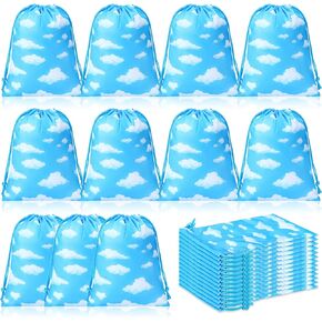 Capoda 16 Pcs Blue Sky White Clouds Party Favor Bags White Clouds Small Drawstring Bags Blue Sky Themed Gift Pouches Cartoon String Candy Goodie Treat Bags for Birthday(7.1 x 9.8 Inch, Cloud)