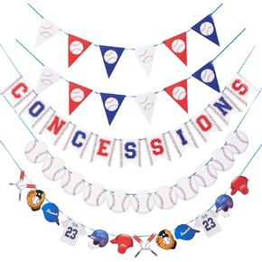 Pre-strung Baseball Party Decorations with Concessions Banner, Baseball Party Supplies, Sports Themed Birthday Decorations with Baseball Triangle Bunting Pennant Flag