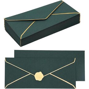 50 pcs Sage Green Business Envelope with V-Flap, Gold Border & Golden Sticker, 10 Self Adhesive Envelopes for Office, Checks, Letter Mailing, Invoices
