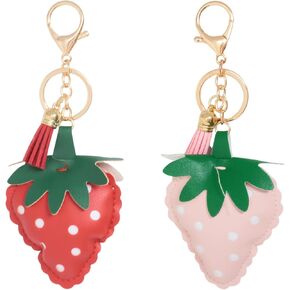 Honbay 2PCS Faux Leather Strawberry Keychains Sweet Fruit Keyrings Bag Key Pendant Keyholder for Backpack Purse Cellphone or Car Pendant (2 Color)