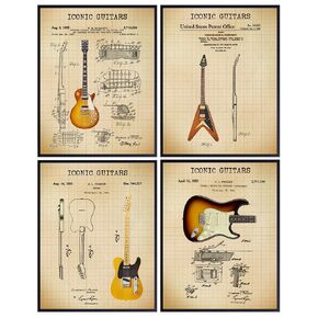 Famous Guitars Patent Print Set - Vintage - Gift for Musician, Guitar Player - Wall Art Poster Set, Home Decor for Bedroom, Living Room - 8x10 Set - Unframed