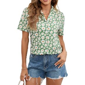 Floerns Women's Casual V Neck Collared Button Up Blouse Top Print Summer Shirt