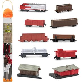 Safari Ltd Trains TOOB With 11 Connectable Hand Painted Figurines, Including Freight Station, Cargo Car, Log Car, Coal Car, Fuel Car, Coal, Train Engine, Passenger Station, Caboose, Cargo Car and Dump Car